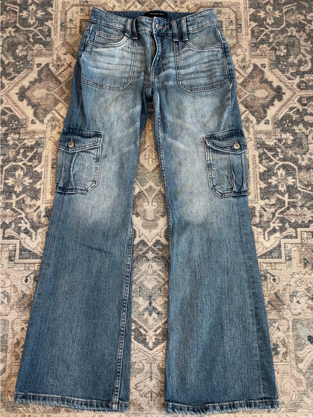 Aeropostale Women's Faded Light Blue Cargo Flare Jeans